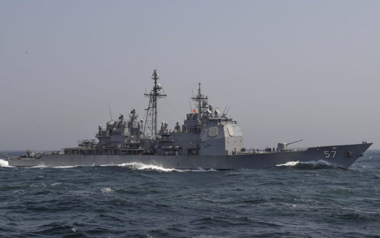 The Ticonderoga-class guided-missile cruiser USS Lake Champlain and a South Korean fishing boat collided in the East China Sea on Tuesday. No one was injured. (Navy photo)