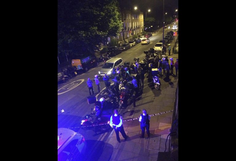 The scene of an acid attack in London early Thursday. Two teens have been arrested in connection with five acid attacks that day. (Sarah Cobbold via AP)