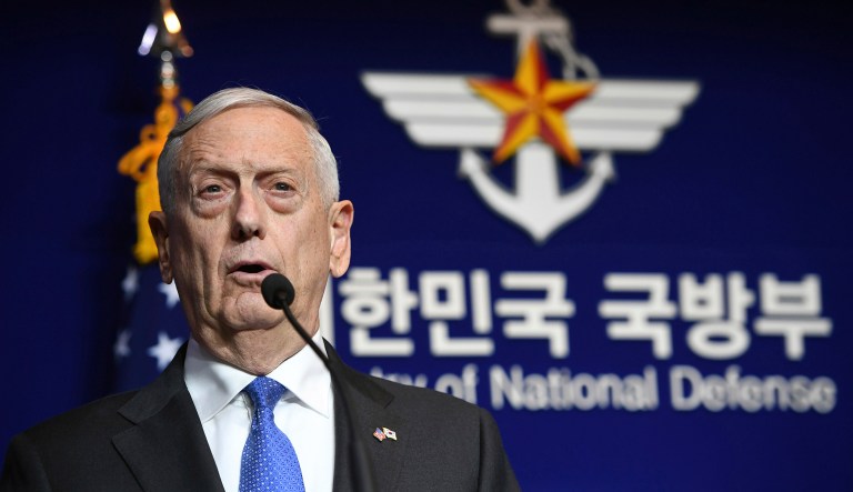 U.S. Secretary of Defense Jim Mattis speaks during a joint press conference with South Korea's Defense Minister Song Young-moo after the Security Consultative Meeting (SCM) at the Defense Ministry, Saturday, Oct. 28, 2017, in Seoul, South Korea. During the briefing Mattis says the threat of nuclear missile attack by North Korea is accelerating. (Jung Yeon-Je/Pool Photo via AP)
