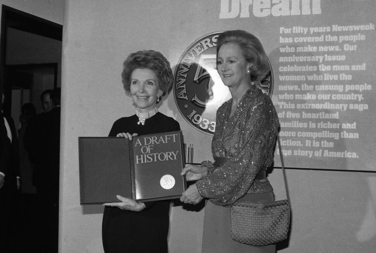 Washington Post publisher Katharine Graham, right, and first lady Nancy Reagan in 1983. (AP Photo/Ray Stubblebine)