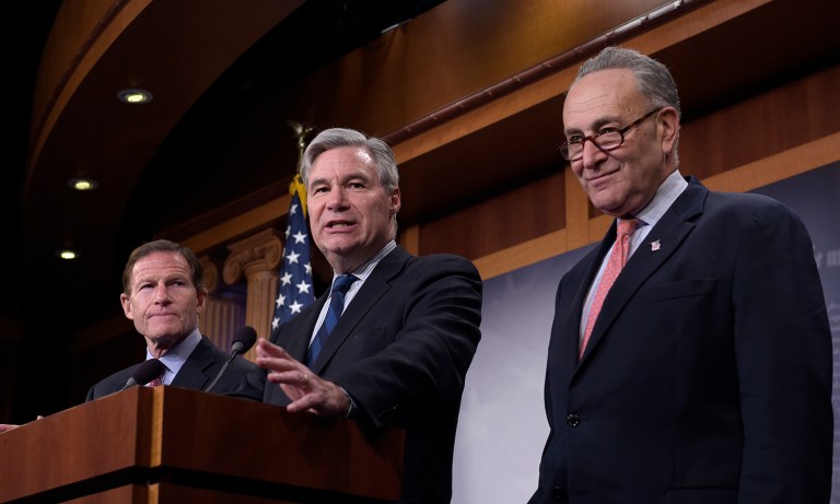 Sens. Richard Blumenthal, D-Conn., Sheldon Whitehouse, D-R.I., and Senate Minority Leader Charles Schumer of N.Y., speak about the nomination of Supreme Court nominee Neil Gorsuch. A new poll shows a majority of Americans want Senate Democrats to allow a vote on Gorsuch's nomination. (AP Photo/Susan Walsh)