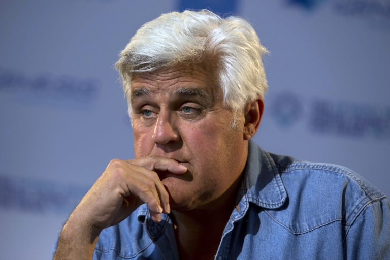 American comedian Jay Leno pauses during an interview with the Associated Press in Jerusalem, Wednesday, May 21, 2014. Leno made his first trip to Israel, where he will host an award ceremony honoring former New York mayor Michael Bloomberg. (AP Photo/Sebastian Scheiner)