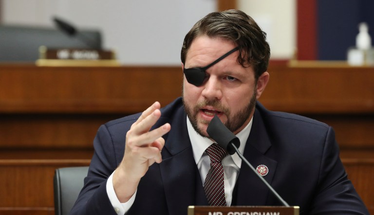 House Homeland Security Committee member Rep. Dan Crenshaw (R-TX) questions witnesses during a hearing on 'worldwide threats to the homeland' in the Rayburn House Office Building on Capitol Hill on September 17, 2020, in Washington, D.C. 