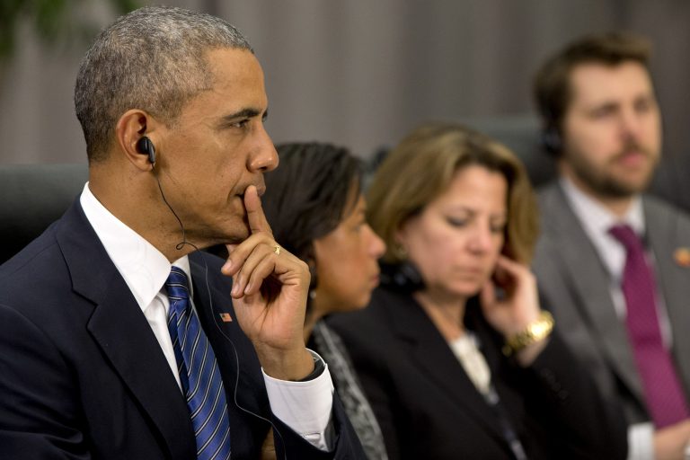 President Barack Obama listens as French President Francois Hollande speaks during their meeting at the Nuclear Security Summit in Washington, Thursday, March 31, 2016. (AP Photo/Jacquelyn Martin)