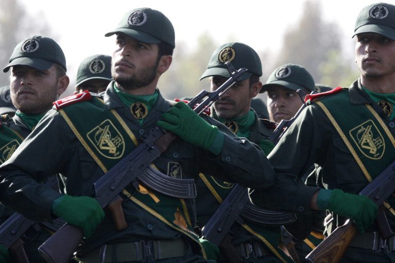 In this picture taken on Sunday, Sept. 21, 2008, Iranian Revolutionary Guards members march during a parade ceremony. (AP Photo/Vahid Salemi)