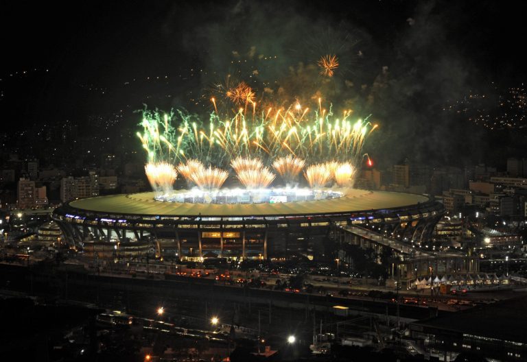 A fireworks display is seen over the Maracana stadium after the soccer World Cup final match between Argentina and Germany, in Rio de Janeiro, Brazil, Sunday, July 13, 2014. Mario Goetze volleyed in the winning goal in extra time to give Germany its fourth World Cup title with a 1-0 victory over Argentina. (AP Photo/Adriana Lorete-Agencia o Globo)