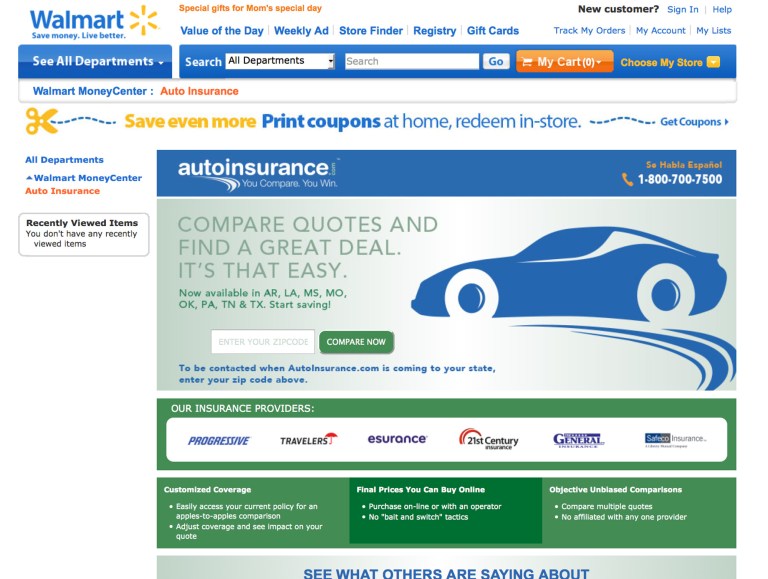 This framegrab of the Wal-Mart website shows the auto insurance shopping page taken Wednesday April 30, 2014. Wal-Mart is bringing one-stop shopping to another area: auto insurance. The world's largest retailer has teamed up with AutoInsurance.com to let shoppers quickly find and buy insurance policies online in real time to cut down costs. The service is available immediately in eight states including Arkansas, Louisiana, Mississippi, Missouri and Oklahoma, and will be available nationwide in the next few months. (AP Photo/Wal-Mart.com)