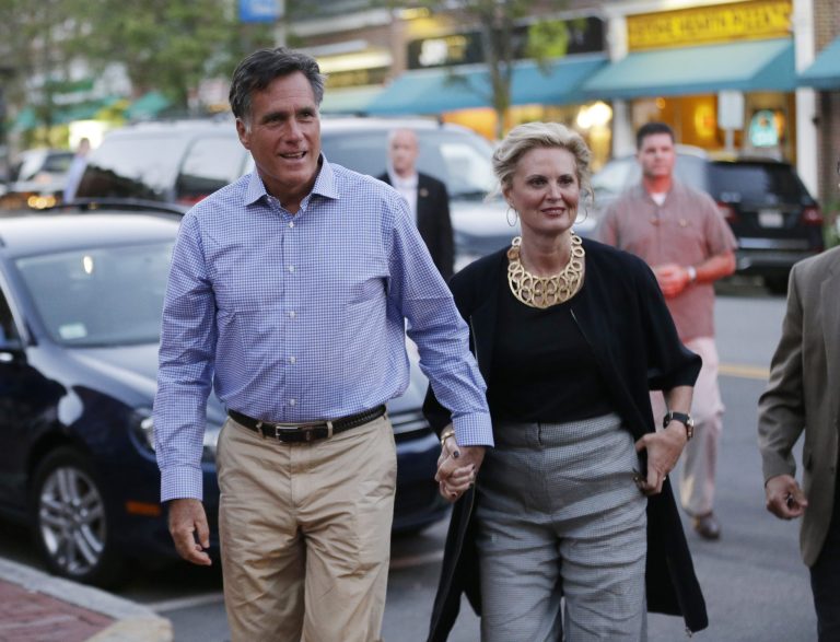 Republican presidential candidate and former Massachusetts Gov. Mitt Romney and wife Ann arrive at il Casale restaurant to have dinner in Belmont, Mass., Saturday, Sept. 15, 2012. (AP Photo/Charles Dharapak)