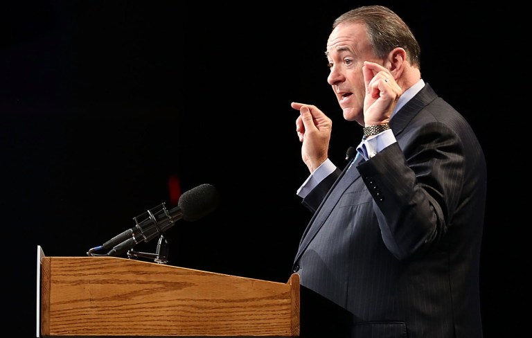 Former Arkansas governor and Republican presidential candidate Mike Huckabee speaks during the Rick Scott's Economic Growth Summit held at the Disney's Yacht and Beach Club Convention Center on June 2, 2015 in Orlando, Fla. (Photo by Joe Raedle/Getty Images)
