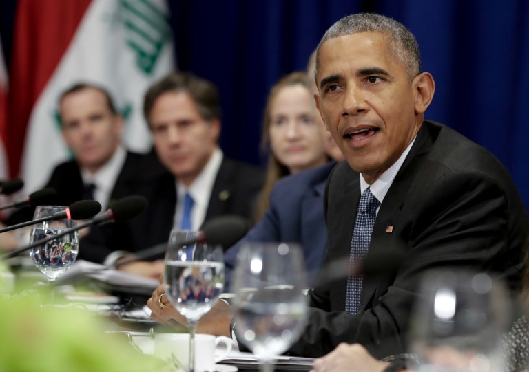 President Barack Obama speaks during a bilateral meeting with Iraqi Prime Minister Haider al-Abadi at the Lotte New York Palace Hotel in New York, N.Y., Monday, Sept. 19, 2016. (AP Photo/Carolyn Kaster)