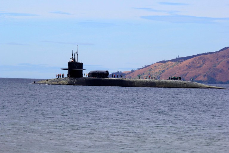 The Ohio-class guided-missile submarine USS Michigan arrived at the Korean port of Busan on Tuesday local time. (AP Photo/Jun Dumaguing)