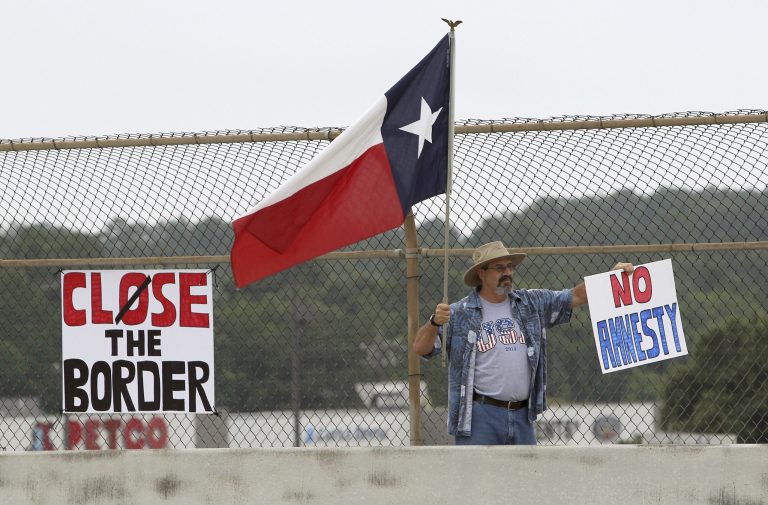 A protester waves a Texas flag and anti-immigration signs during a protest against people who immigrate illegally, Saturday, July 19, 2014, in Conroe, Texas. (AP/Conroe Courier, Jason Fochtman)