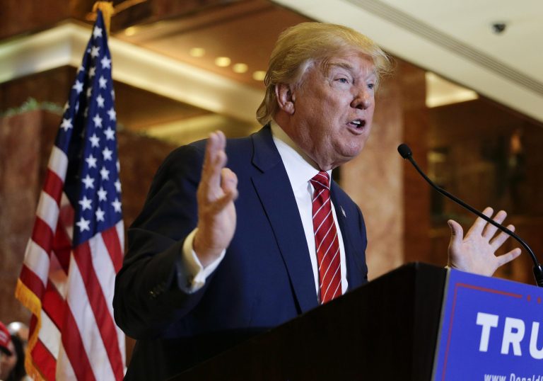 Republican presidential candidate Donald Trump talks about his tax plan during a news conference, Monday, Sept. 28, 2015, in New York. (AP Photo/Julie Jacobson)