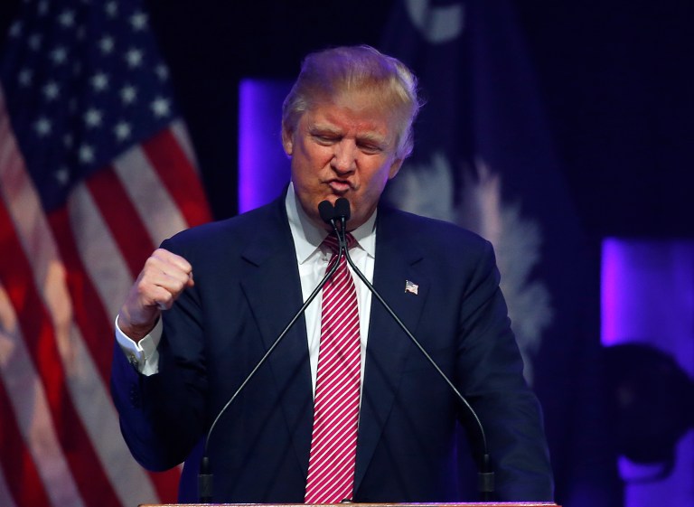Republican presidential candidate Donald Trump speaks during a campaign stop, Monday, Feb. 15, 2016, in Greenville, S.C. (AP Photo/Paul Sancya)