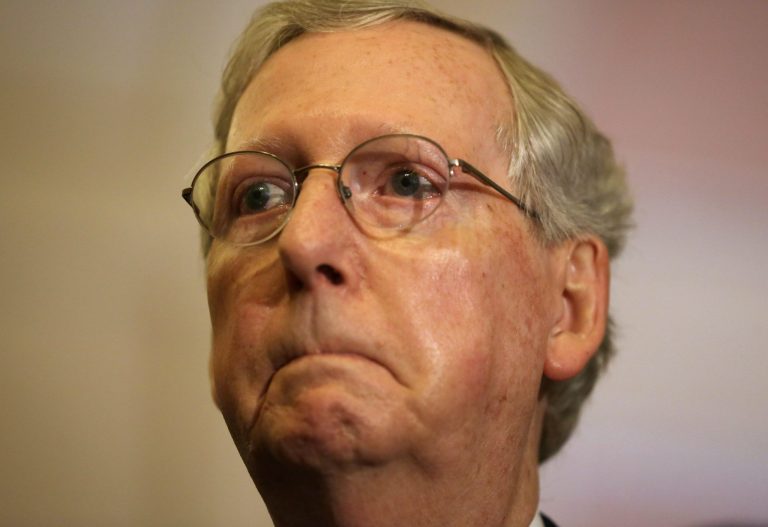 Senate Majority Leader Sen. Mitch McConnell pauses as he speaks to members of the media after the weekly Senate Republican Policy Luncheon May 12, 2015 on Capitol Hill in Washington. (Photo by Alex Wong/Getty Images)