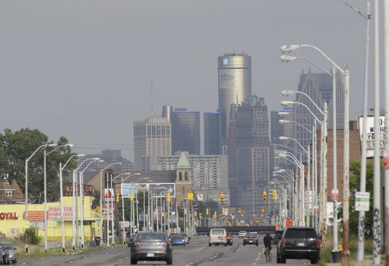 The Detroit skyline is seen from Grand River in Detroit. (AP/Carlos Osorio)