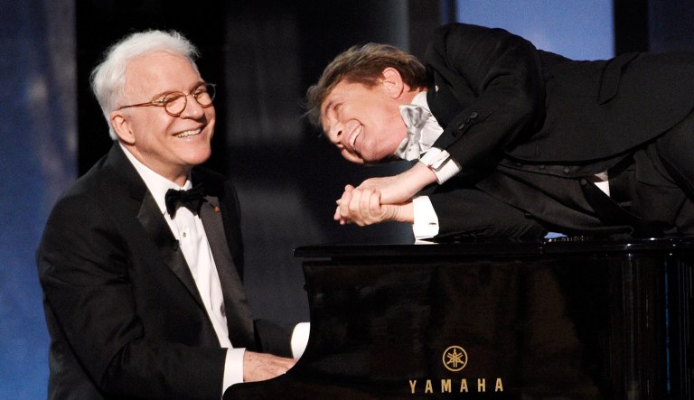Comedians Steve Martin and Martin Short perform together at the Dolby Theatre on June 8, 2017, in Los Angeles.