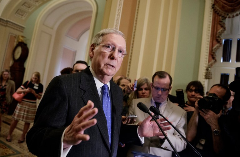 Senate Majority Leader Mitch McConnell of Ky. talks about the struggle to move Supreme Court nominee Neil Gorsuch toward a final up-or-down vote on the Senate floor. (AP Photo/J. Scott Applewhite)