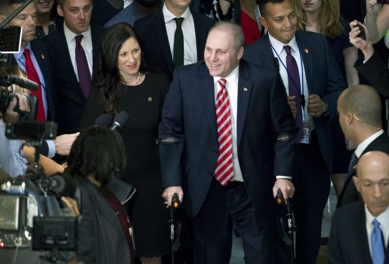 House Republican Whip Steve Scalise walks with his wife Jennifer as he leaves the House chamber in the Capitol in Washington, Thursday, Sept. 28, 2017. To hugs and a roaring bipartisan standing ovation, Scalise returned to the House, more than three months after a baseball practice shooting left him fighting for his life.