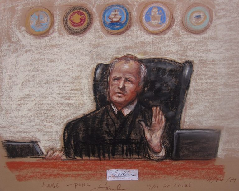 FILE - This April 17, 2014, file image shows a Pentagon-approved sketch by court artist Janet Hamlin, of Judge, Army Col. James Pohl as he halts the Sept. 11 pretrial hearing at the Guantanamo Bay U.S. Naval Base in Cuba. Prosecutors have asked Pohl to hear arguments on their emergency motion involving Ramzi Binalshibh first thing Monday, Aug. 11, 2014, at a pretrial hearing at the Guantanamo Bay naval base in Cuba. (AP Photo/Janet Hamlin, Pool, File)