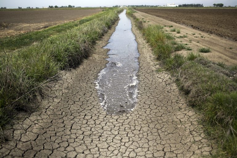 FILE - In this May 1, 2014 photo, irrigation water runs along a dried-up ditch between rice farms in Richvale, Calif. In dry California, water is fetching record high prices. As drought has deepened in the last few months, a handful of special districts in the state's agricultural heartland have made millions through auctions of their private, underground caches that go to the highest bidders. With the unregulated, erratic water market heating up in anticipation of the hot summer months, the price is only going up. In the last five years alone, it has grown tenfold, shooting to as much as $2,200 an acre foot. (AP Photo/Jae C. Hong, FILE)