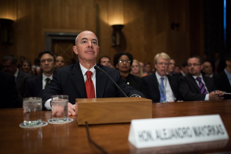 Alejandro N. Mayorkas is sworn in at his confirmation hearing as nominee for Secretary of Homeland Security on Capitol Hill on Thursday. (Graeme Jennings/Examiner)