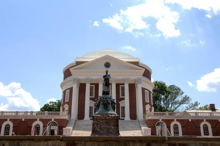 The famed University of Virginia rotunda with founder Thomas Jefferson out front.
