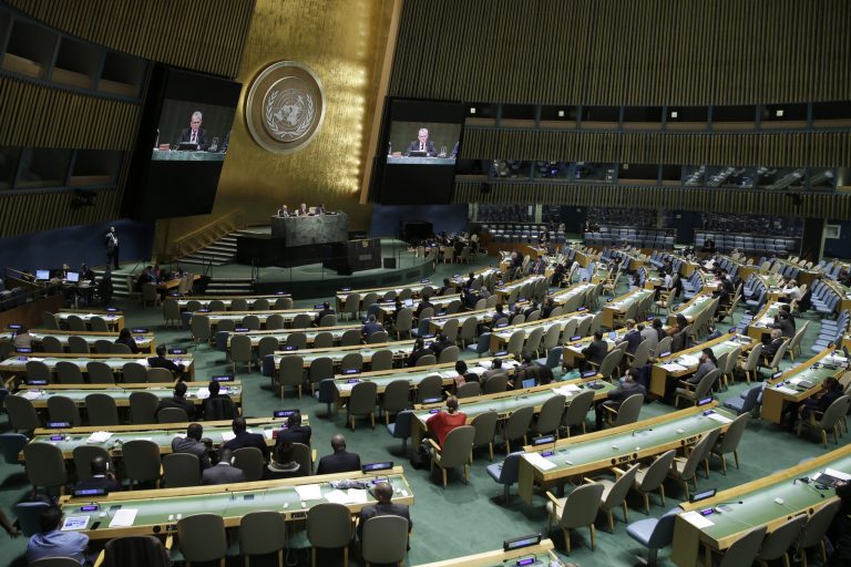 President of the General Assembly Mogens Lykketoft, center, of Denmark, delivers closing remarks during the 70th session of the United Nations General Assembly, Saturday, Oct. 3, 2015 at U.N. Headquarters. (AP Photo/Mary Altaffer)