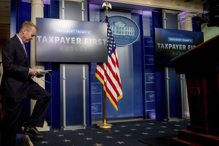 Budget Director Mick Mulvaney arrives to speak to the media about President Donald Trump's proposed fiscal 2018 federal budget, Tuesday, May 23, 2017. (AP Photo/Andrew Harnik)