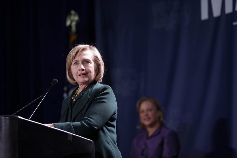 Former Secretary of State Hillary Clinton speaks at a campaign event for Sen. Mary Landrieu, D-La., right, in New Orleans, Saturday, Nov. 1, 2014. (AP Photo/Gerald Herbert)