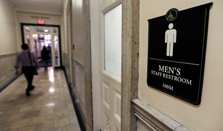 President Trump believes the question of whether transgender people should use the bathroom of their gender identity or the bathroom of their sex is one states should decide, the White House said Thursday. (AP Photo/Charles Krupa)