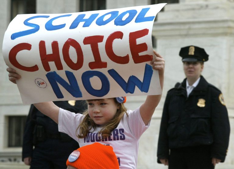 A school girl holds up a sign in support of school vouchers in front of the U.S. Supreme Court.Â Senators voted against legislation Tuesday that would have given low-income students in K-12 schools the same thing that low-income preschoolers and college students enjoy.Â (Mark Wilson/Getty Images)