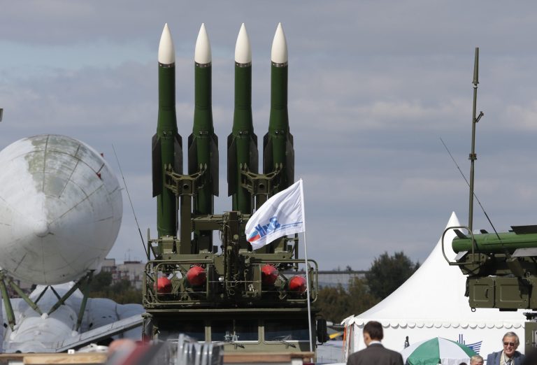   Russian air defense missile system Buk-M2 is on display at the opening of the MAKS Air Show in Zhukovsky outside Moscow on Tuesday, Aug. 27, 2013. Russia has supplied similar missiles to Syria. (AP Photo/Ivan Sekretarev)  