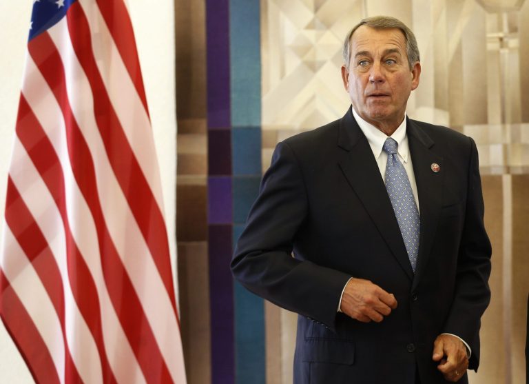 Speaker of the United States House of Representatives John Boehner, R-Ohio, listens prior to his meeting with Lithuania's Speaker of the Parliament Loreta Grauziniene at the Parliament's palace in Vilnius, Lithuania, Monday, June 29, 2015. (AP Photo/Mindaugas Kulbis)