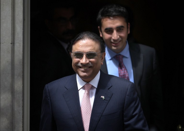 Bilawal Bhutto (R) follows his father President Zardari of Pakistan from Downing Street after talks with British Prime Minister David Cameron on July 1, 2011 in London, England. (Photo by Peter Macdiarmid/Getty Images)
