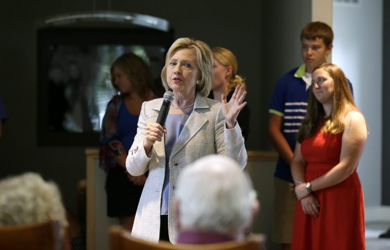 Democratic presidential candidate Hillary Rodham Clinton speaks during a house party Sunday, July 26, 2015, in Carroll, Iowa. (AP Photo/Charlie Neibergall)