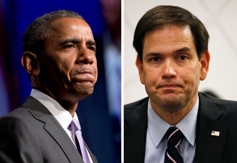It's instructive to compare the Times descriptions of Sen. Marco Rubio's (right) finances as of 2015 with what we know about President Obama's (left) finances as of 2007. (AP Photos)