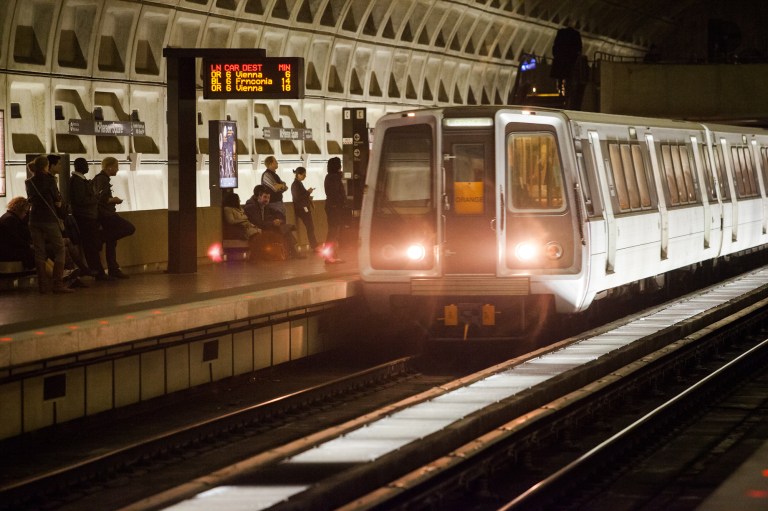 A metro train arriving at Farragut North Metro station, Monday, October 10, 2012