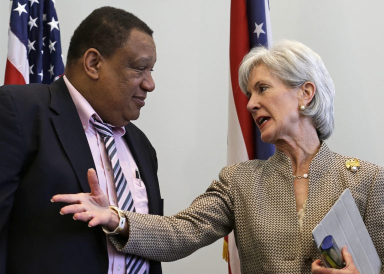 Health and Human Services Secretary Kathleen Sebelius, right, meets with Cincinnati State Technical and Community College President O'dell M. Owens, after they participated in a panel discussion on the federal health care overhaul, Wednesday, Oct. 16, 2013, at the college in Cincinnati. (AP Photo/Al Behrman)