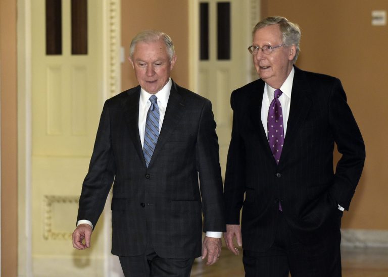Senate Majority Leader Mitch McConnell and Attorney General Jeff Sessions were spotted having dinner together Friday night after becoming recent targets of President Trump's Twitter wrath. (AP Photo/Susan Walsh)