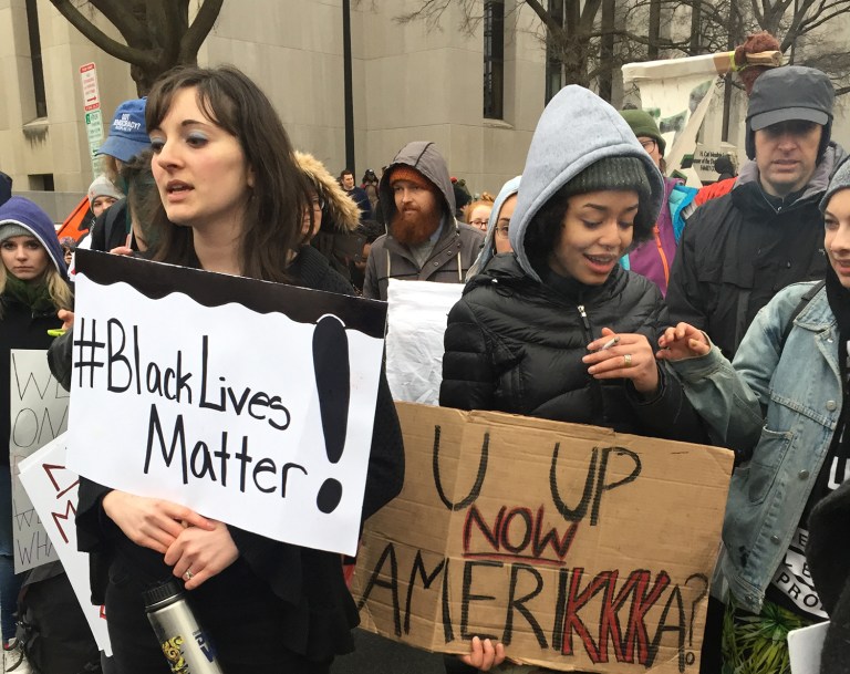 Black Lives Matter and #DisruptJ20 protesters moved swiftly to block Donald Trump's supporters and others from attending Inauguration Day festivities. (Photo: Beverly Hallberg)
