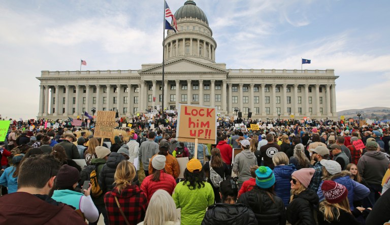 Supporters of the Bears Ears and Grand Staircase-Escalante national monuments gathered during a rally Saturday in Salt Lake City. Two days later, President Trump announced plans to shrink the two sprawling national monuments in Utah that were created by past Democratic presidents. (AP Photo/Rick Bowmer)
