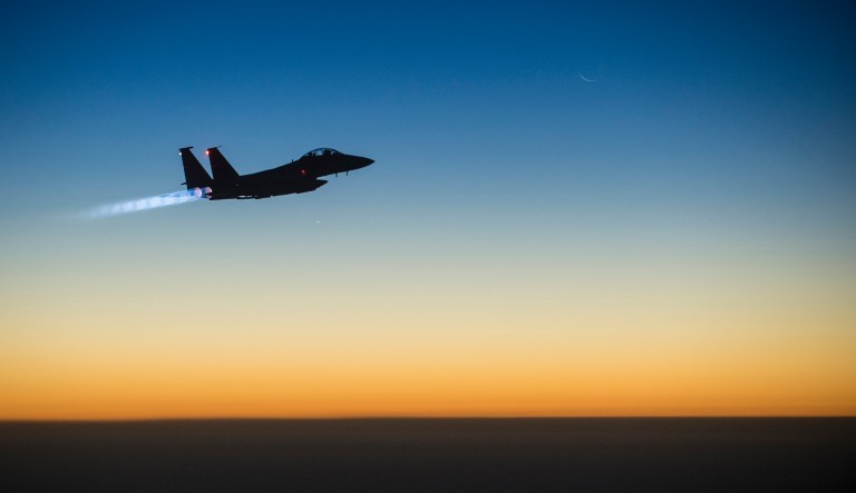 A U.S. F-15 near Al-Tanf, Syria, shot down an Iranian drone where the U.S. is training local fighters to combat the Islamic State. (U.S. Air Force photo by Senior Airman Matthew Bruch/Released)
