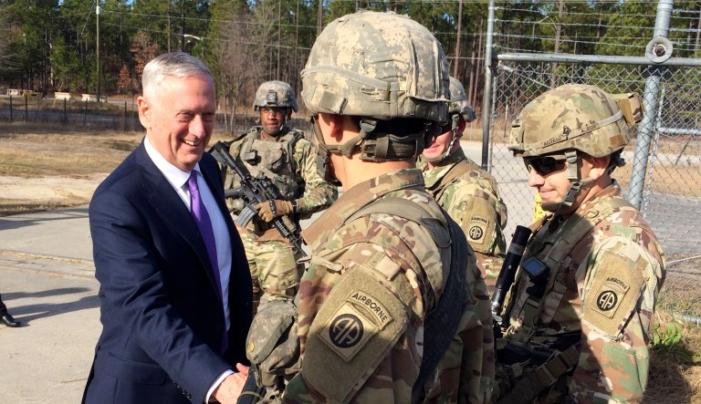 Defense Secretary Jim Mattis greets soliders at Fort Bragg, N.C., Friday, Dec. 22, 2017. "My fine young soldiers, the only way our diplomats can speak with authority and be believed is if you're ready to go," Mattis reportedly said to soldiers at the 82nd Airborne Division's Hall of Heroes in North Carolina. (AP Photo/Robert Burns)