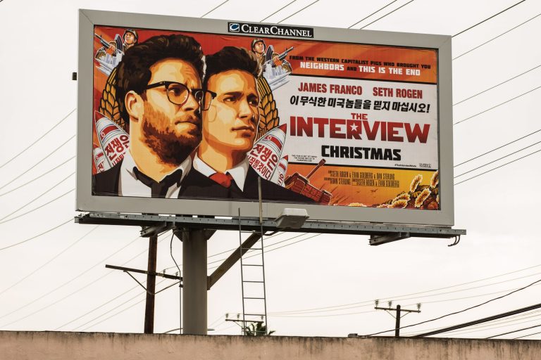 A billboard for the film 'The Interview' is displayed December 19, 2014 in Venice, California. Sony has canceled the release of the film after a hacking scandal that exposed sensitive internal Sony communications, and threatened to attack theaters showing the movie. (Photo by Christopher Polk/Getty images)