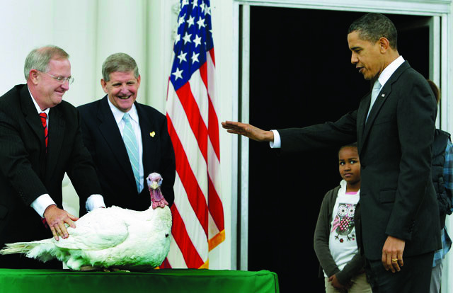 President Barack Obama speaks as he pardons a turkey, Courage, with daughter Sasha Obama, in 2009 as Walter Pelletier, chairman of the National Turkey Federation, center and Paul Hill, left, with the federation, look on. (AP Photo/Alex Brandon)