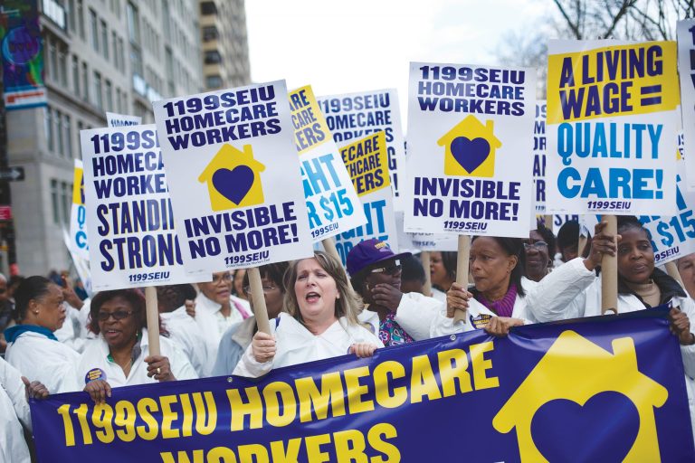 Home healthcare workers have held rallies in 236 U.S. cities in their push for higher pay and union rights.Â (Bloomberg Photo)