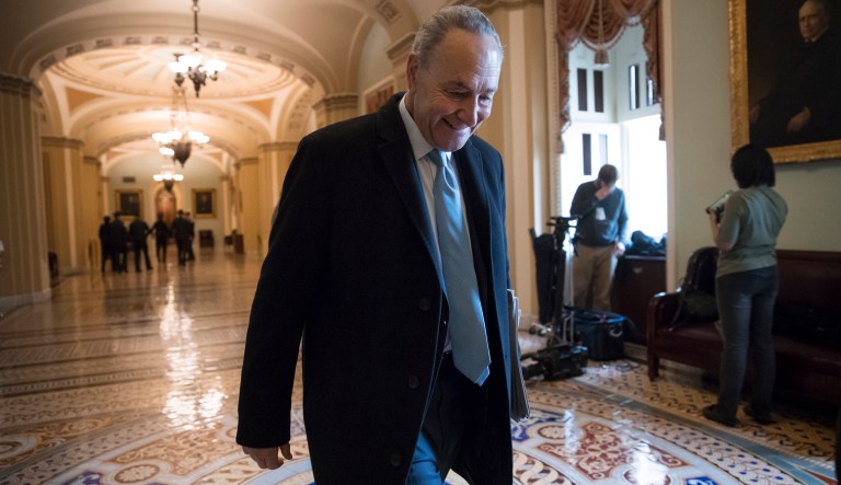 Senate Minority Leader Chuck Schumer, D-N.Y., arrives at the Capitol at the start of the third day of the government shutdown, in Washington, Monday, Jan. 22, 2018. Senate Democrats said they will vote to end the government shutdown. (AP Photo/J. Scott Applewhite)