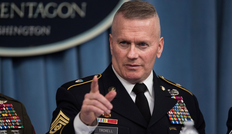 Army Command Sgt. Maj. John Wayne Troxell made the threats in a tweet and Facebook post on Tuesday evening. (Department of Defense photo by Army Sgt. Amber I. Smith)