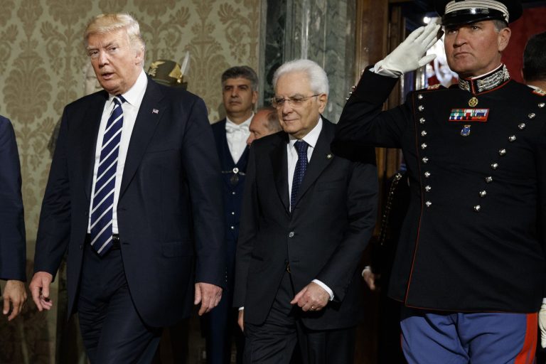 President Trump, with Italian President Sergio Mattarella at Quirinal Palace on Wednesday in Rome, has drawn support from an air traffic controllers' union and a trade group for his effort to create a nonprofit to control U.S. air traffic. (AP Photo/Evan Vucci)